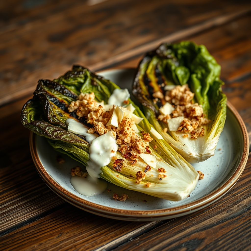 Grilled gem lettuce halves with buttermilk dressing, shaved cheese and toasted breadcrumbs