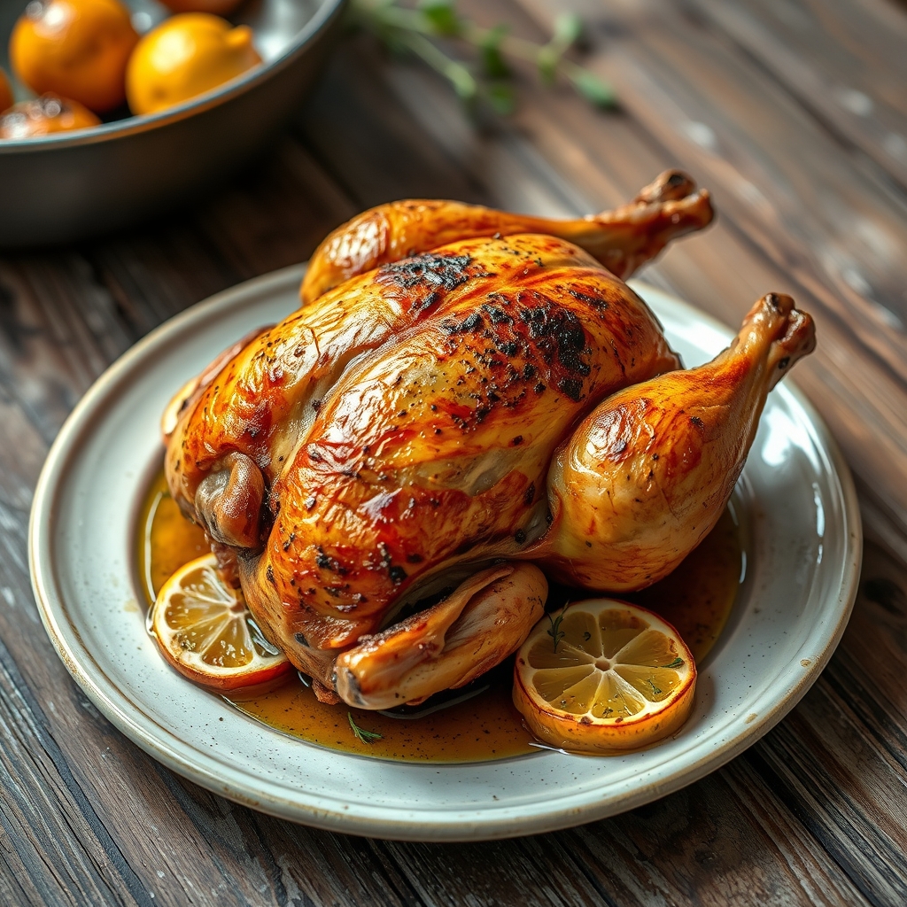 Whole roasted Cornish hen with crisp blistered skin on a rustic plate with charred lemon and herbs