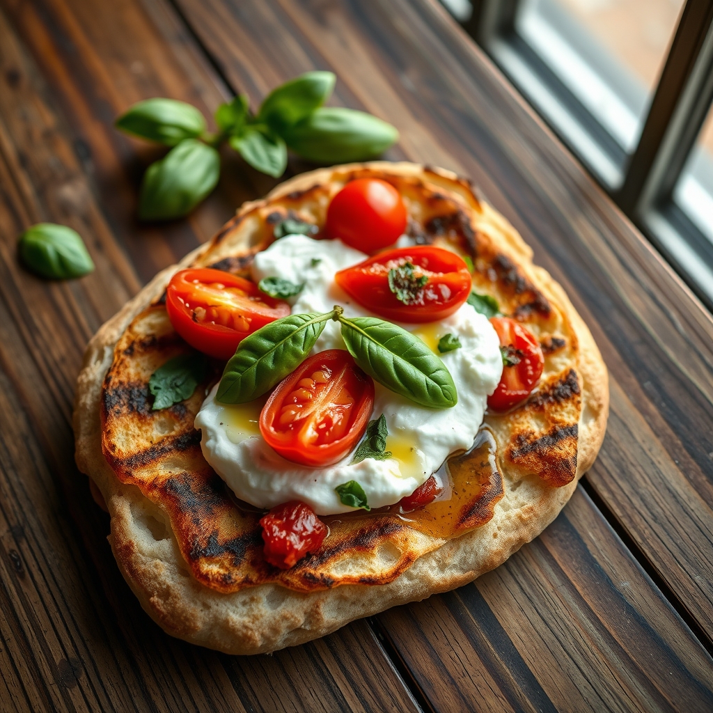 Charred sourdough flatbread with whipped ricotta, blistered tomatoes and basil on a rustic wooden table
