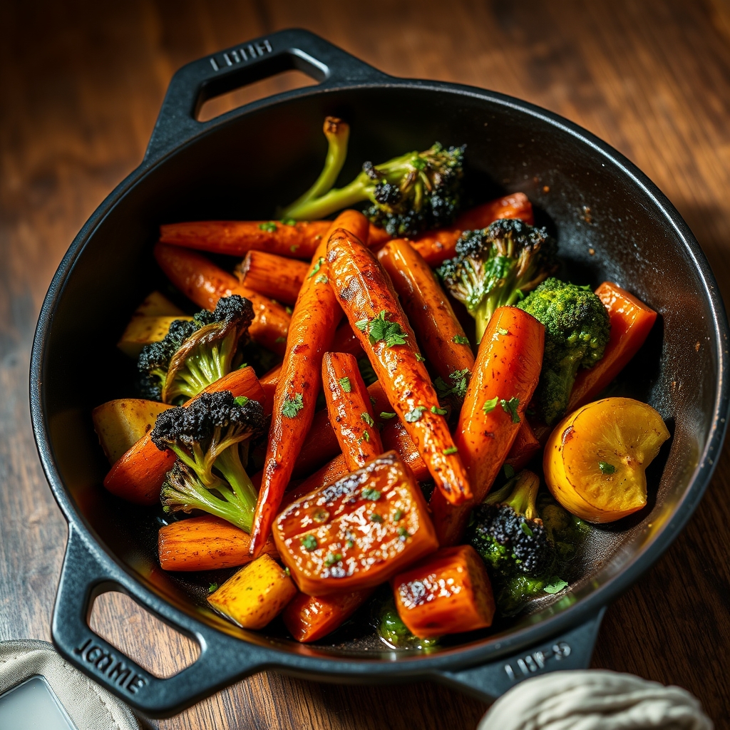 Charred seasonal vegetables in a cast iron skillet with herb salsa verde