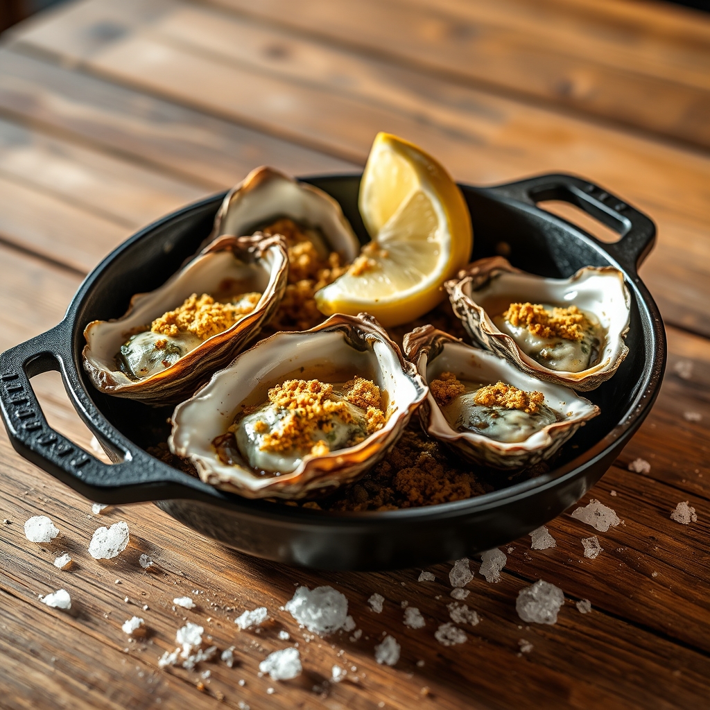 Wood-fired oysters on the half shell in a cast iron pan with bubbling herb butter and breadcrumbs