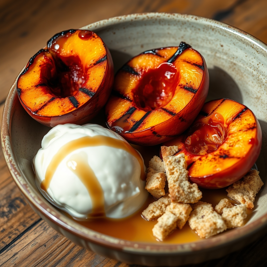 Grilled peach halves with vanilla ice cream, shortbread crumble and maple syrup