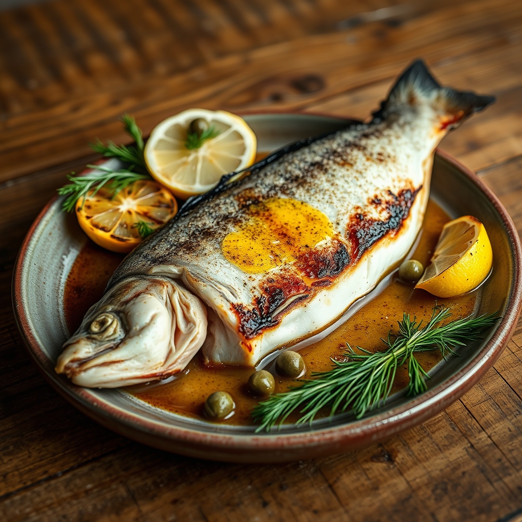 Grilled trout fillet with crisp charred skin, brown butter, capers and grilled lemon