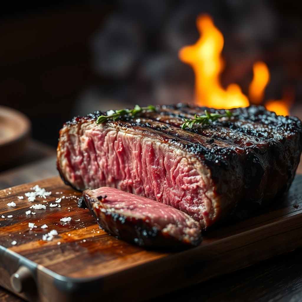 Close-up of a thick wood-fired ribeye steak with deep grill char, sliced to show a medium-rare center