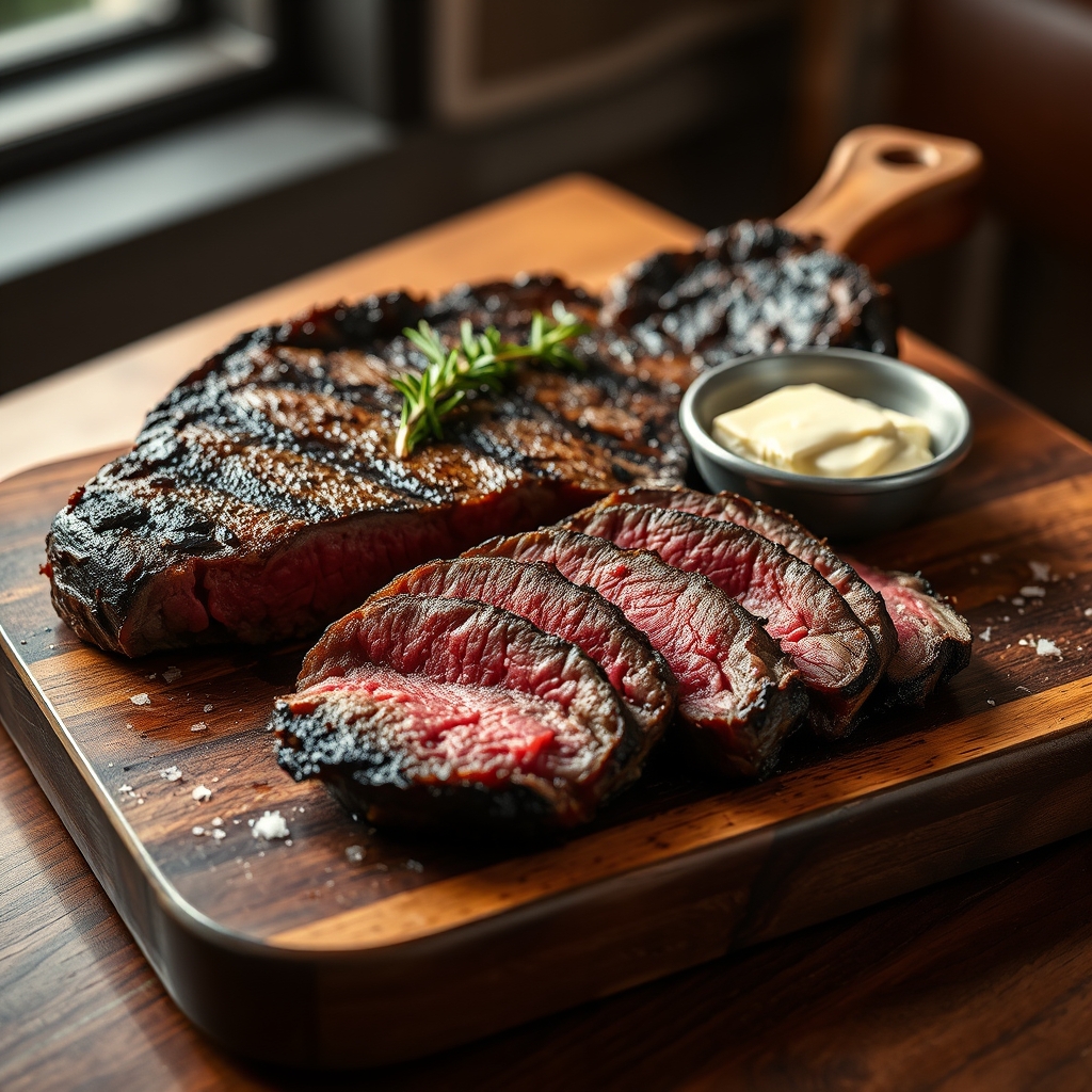 Bone-in wood-fired ribeye sliced on a rustic wooden board with herb butter