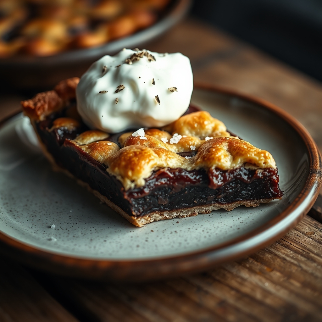 Slice of dark chocolate maple tart with flaky crust, cream and flaky sea salt