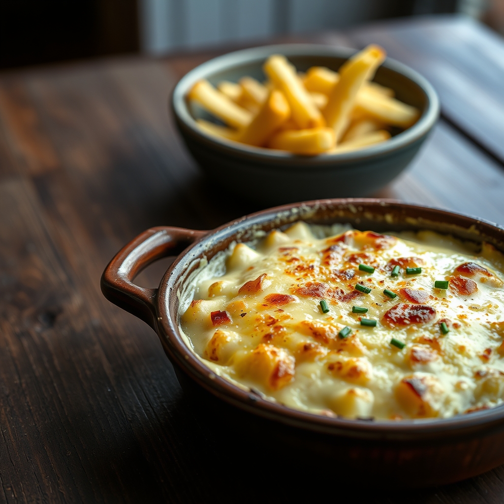 Creamy potato gratin in a rustic dish with browned bubbling cheese top and crispy edges
