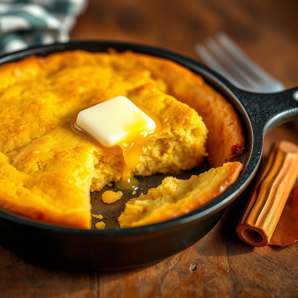 Golden skillet cornbread in a cast iron pan with melting maple butter